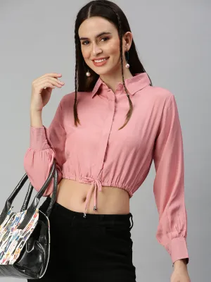 Seasonal Smart Lint Resistant Surface Women's Pink Solid Shirt Style Crop Top
