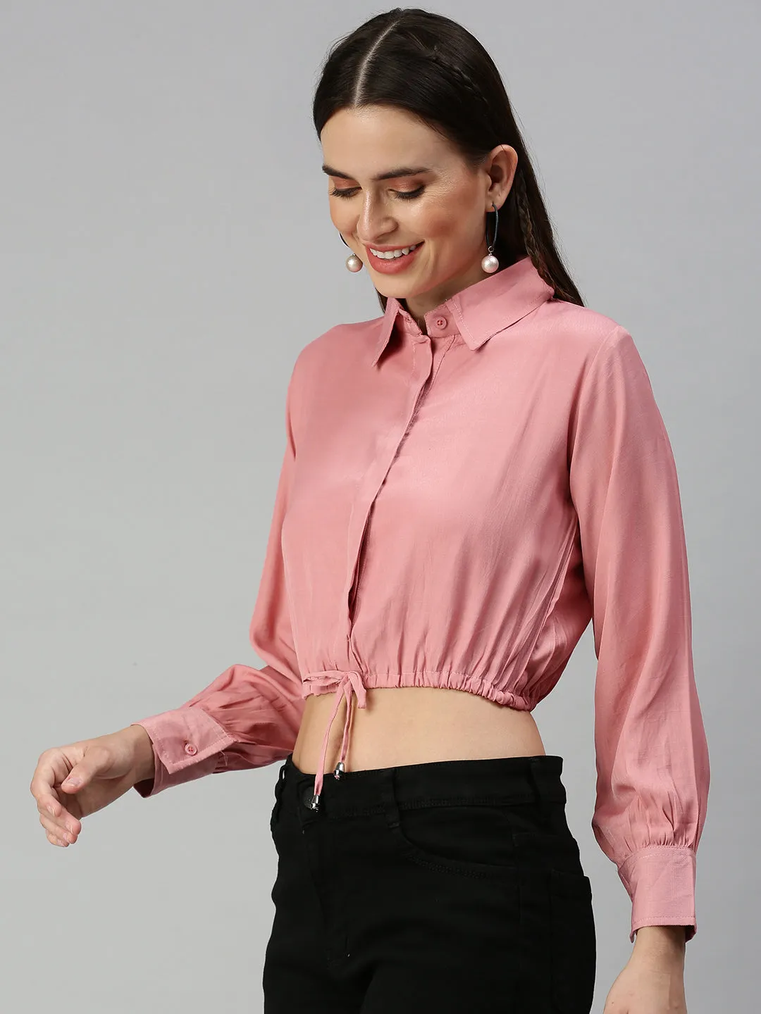 Women's Pink Solid Shirt Style Crop Top Zero Waste Production