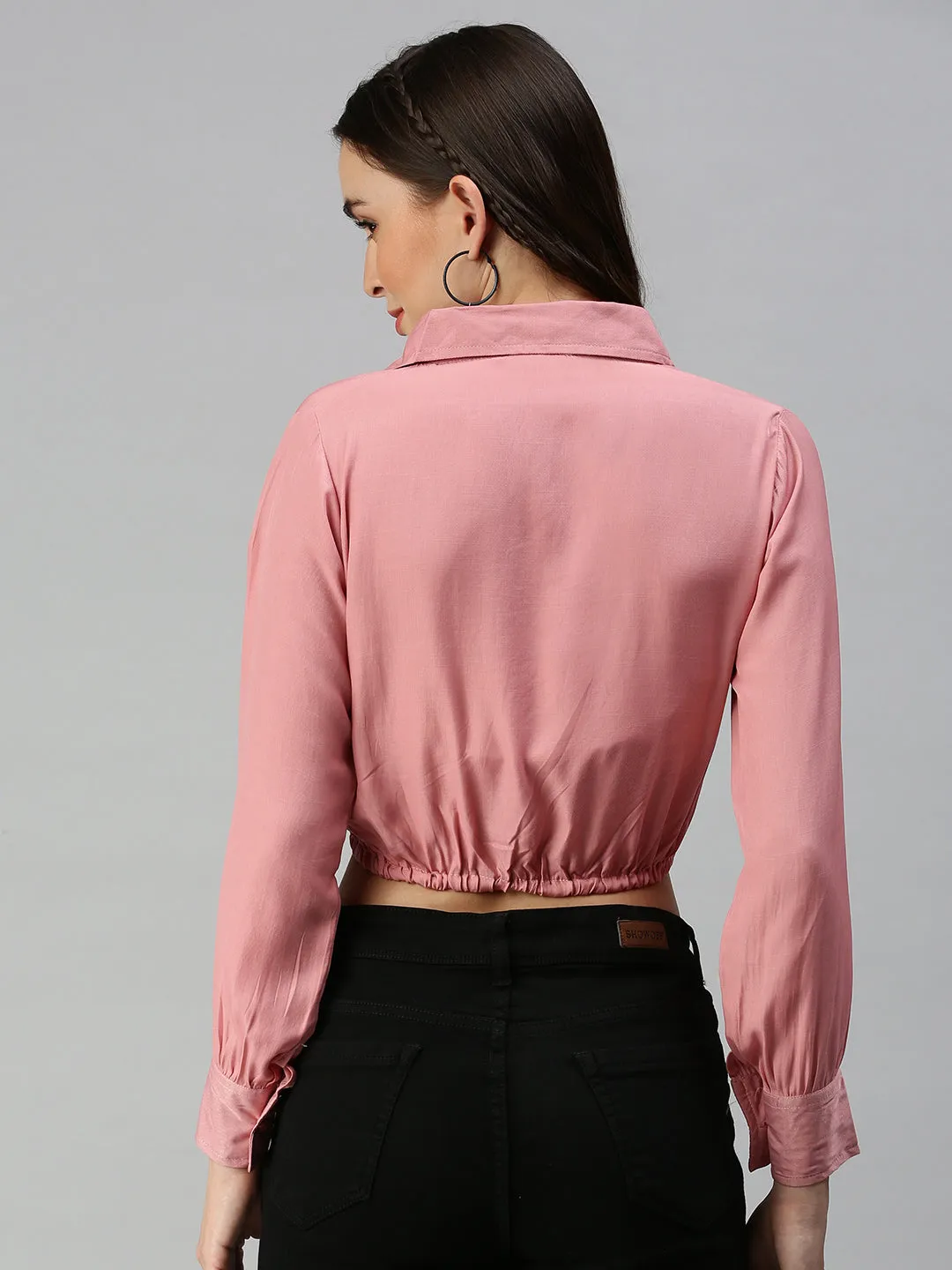Women's Pink Solid Shirt Style Crop Top Pocket Detailing Lightweight Feel
