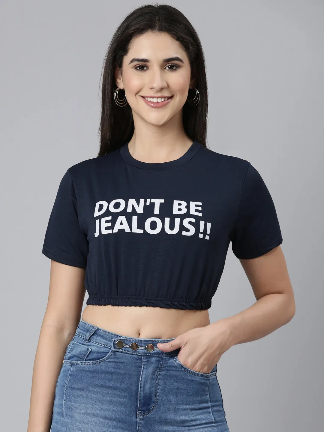 Casual Comfort Look Comfort Stretch Wear Women's Navy Blue Typography Printed Crop Cinched Waist Top
