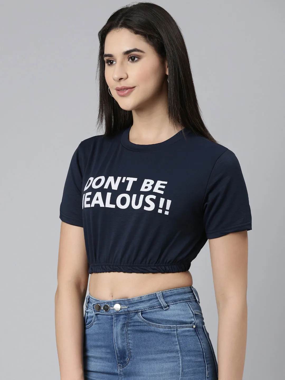 Women's Navy Blue Typography Printed Crop Cinched Waist Top Odor-resistant