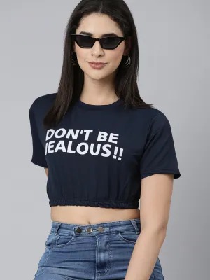 Everyday Chic Women's Navy Blue Typography Printed Crop Cinched Waist Top
