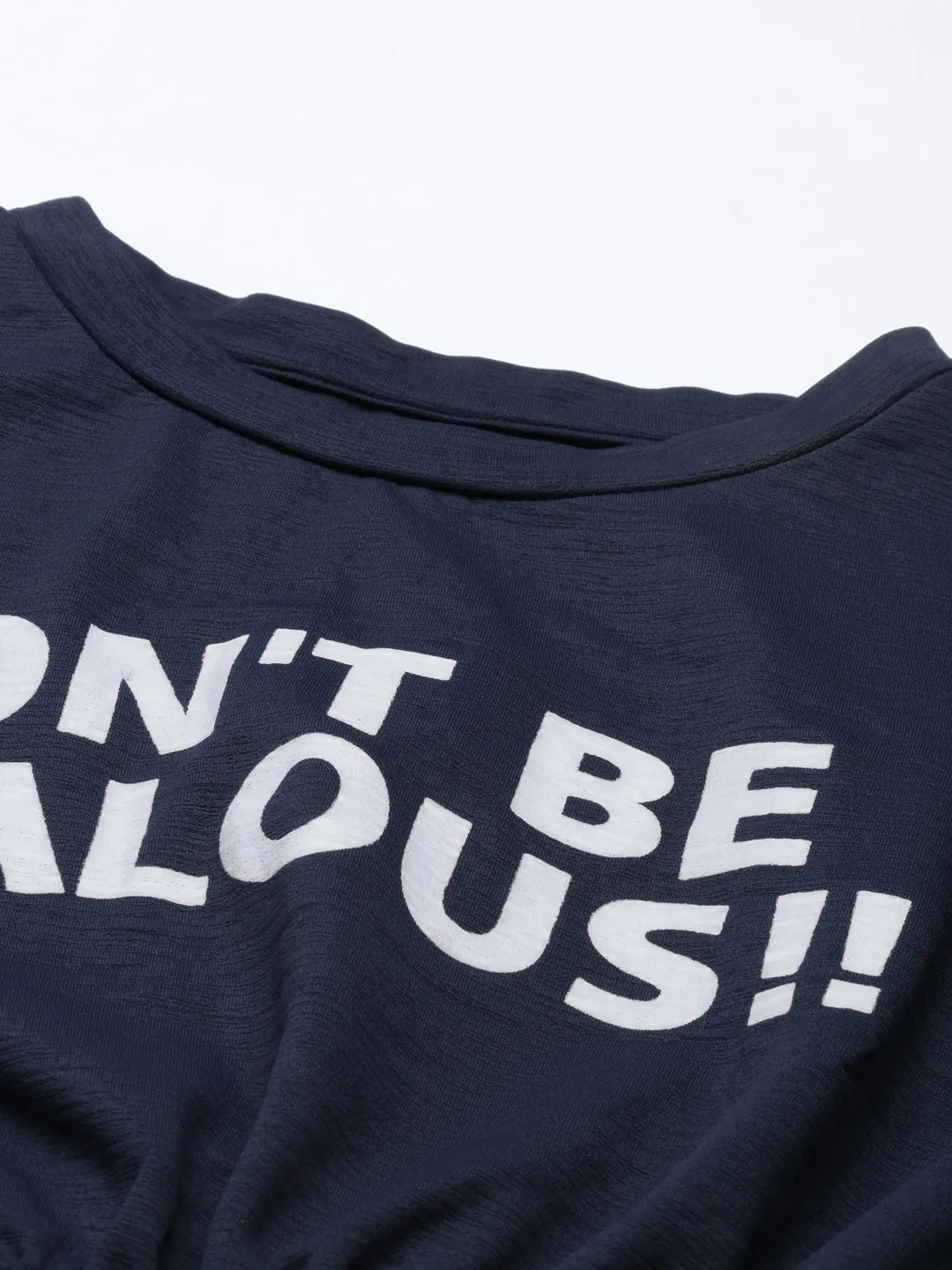 Women's Navy Blue Typography Printed Crop Cinched Waist Top Active Design Wear