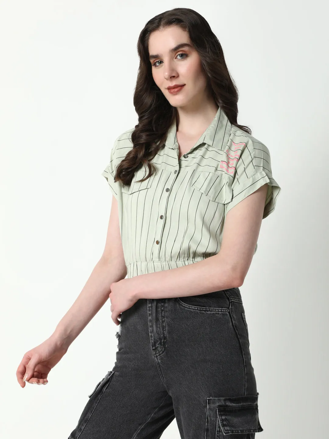 Women's Green Striped Extended Sleeves Shirt Style Crop Top Sleep