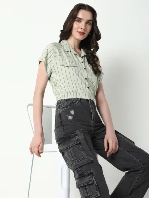 Women's Green Striped Extended Sleeves Shirt Style Crop Top Versatile and Stylish Chilly Wear