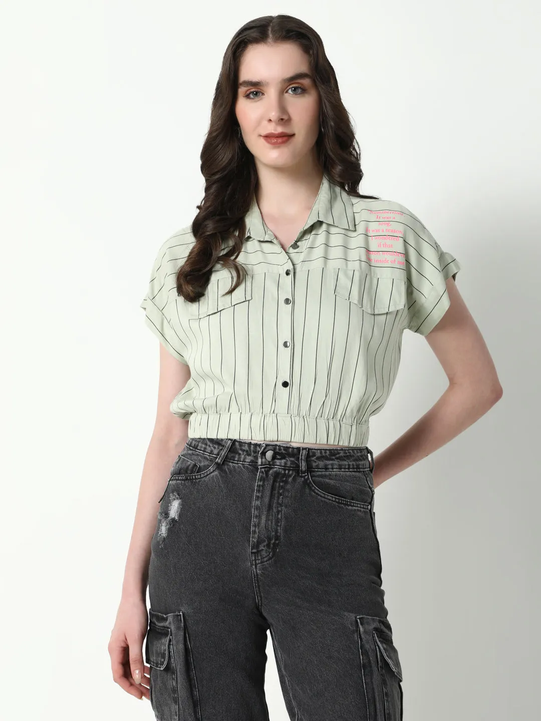 Women's Green Striped Extended Sleeves Shirt Style Crop Top Smart Layering