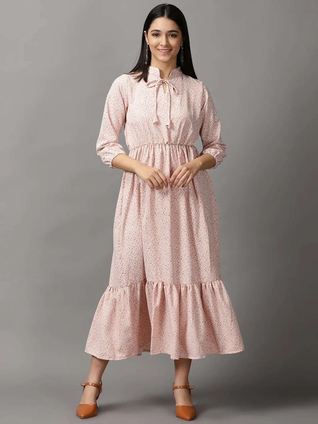 Winter Classic Soft Tone Women's Peach Chiffon Fit & Flare Midi Dress