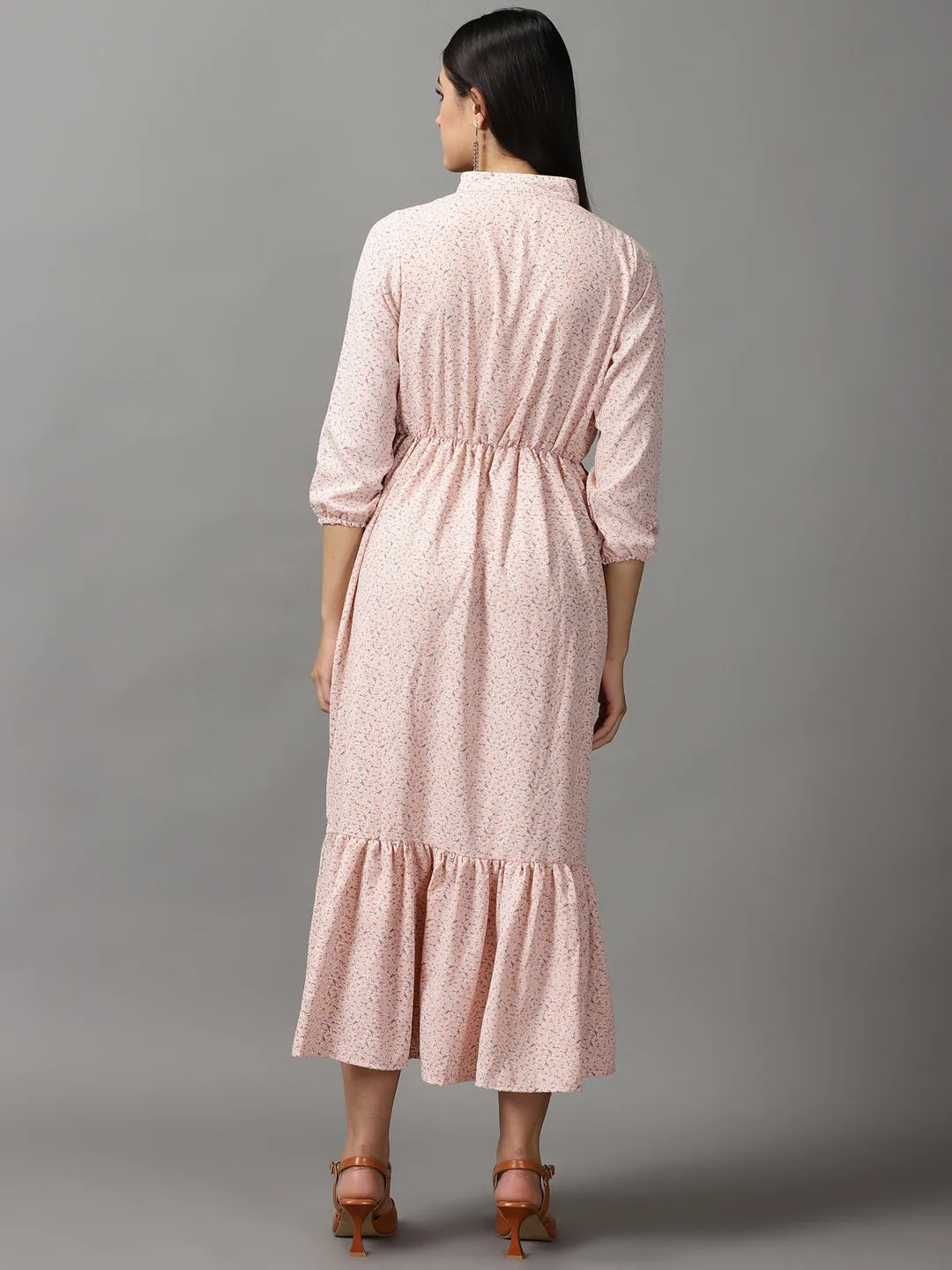 Women's Peach Chiffon Fit & Flare Midi Dress Sleek Waist Design Fit Outfit Core