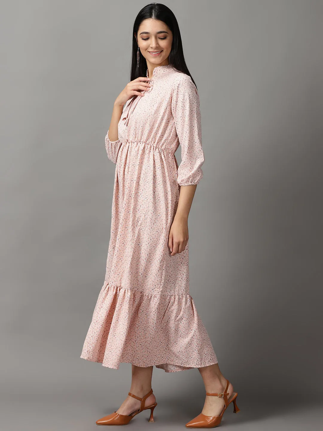 Work Look Layer Safe Women's Peach Chiffon Fit & Flare Midi Dress