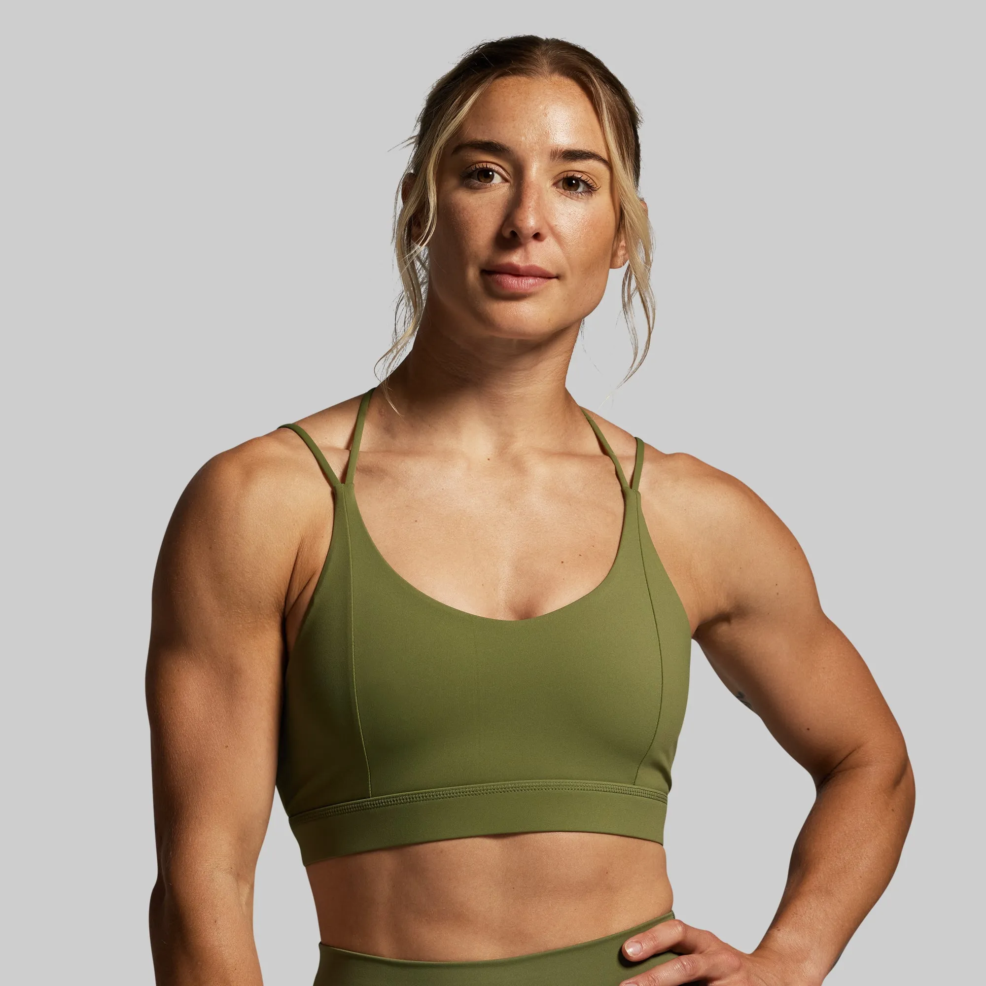 Exhale Sports Bra (Army Green) Buttoned seams Supportive Side