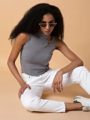 Essential Style Wear Natural Fiber Blend Women's Grey Solid High Neck Acrylic Top