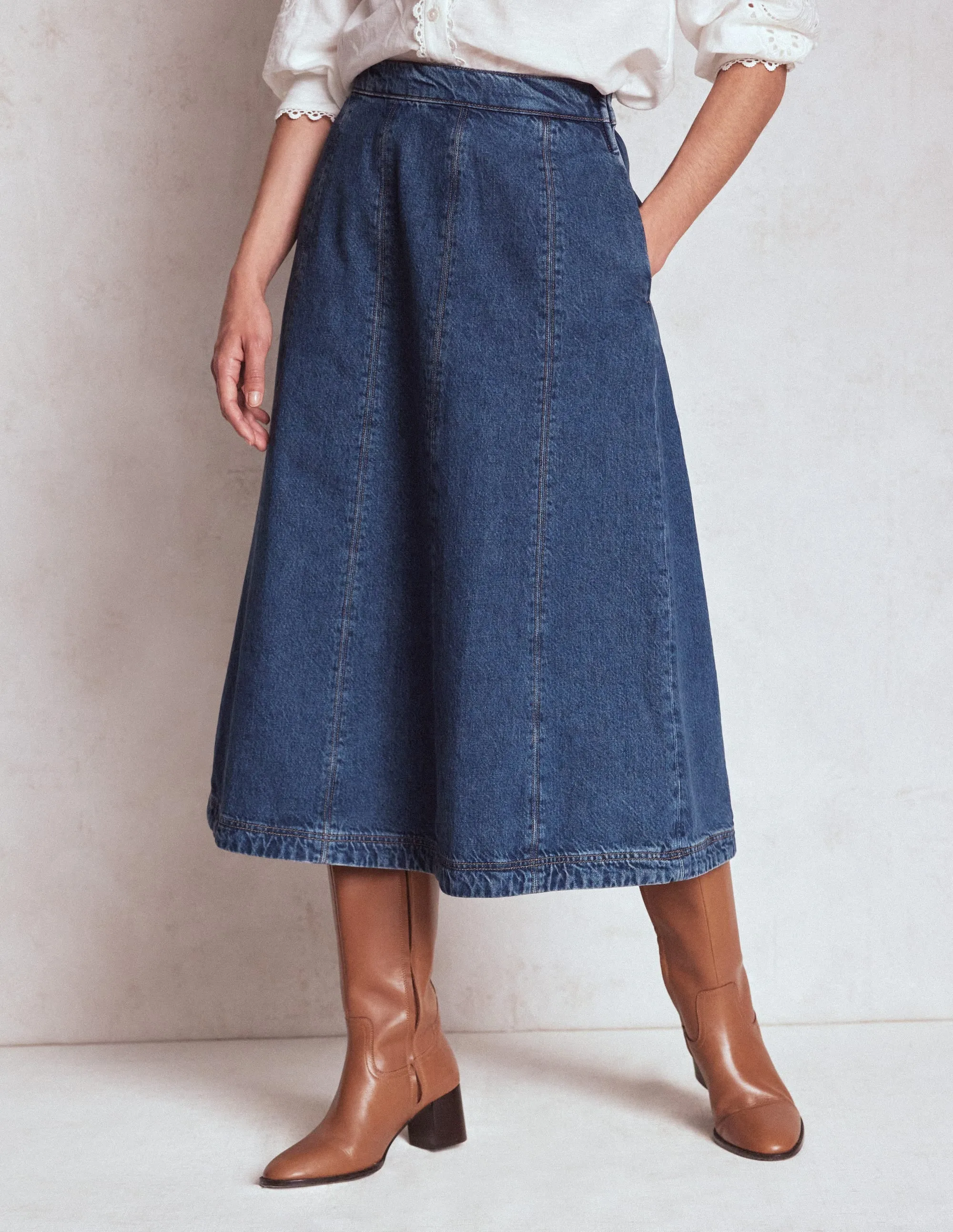 Embossed Detail Joy Panelled Denim Skirt-Mid Wash