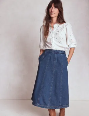 Double Layer Construction Joy Panelled Denim Skirt-Mid Wash