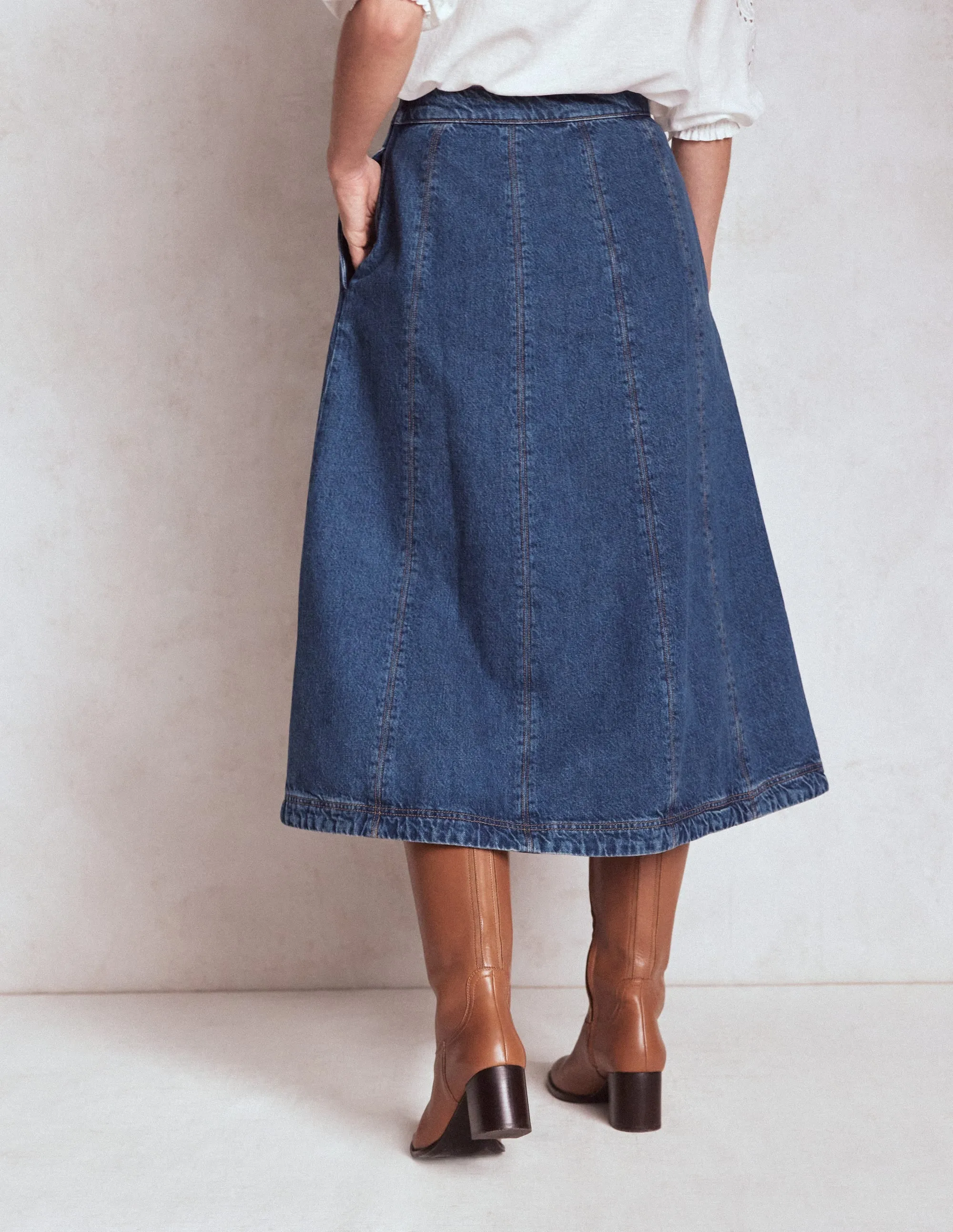 Neat Fit Linen Cotton Mix Joy Panelled Denim Skirt-Mid Wash