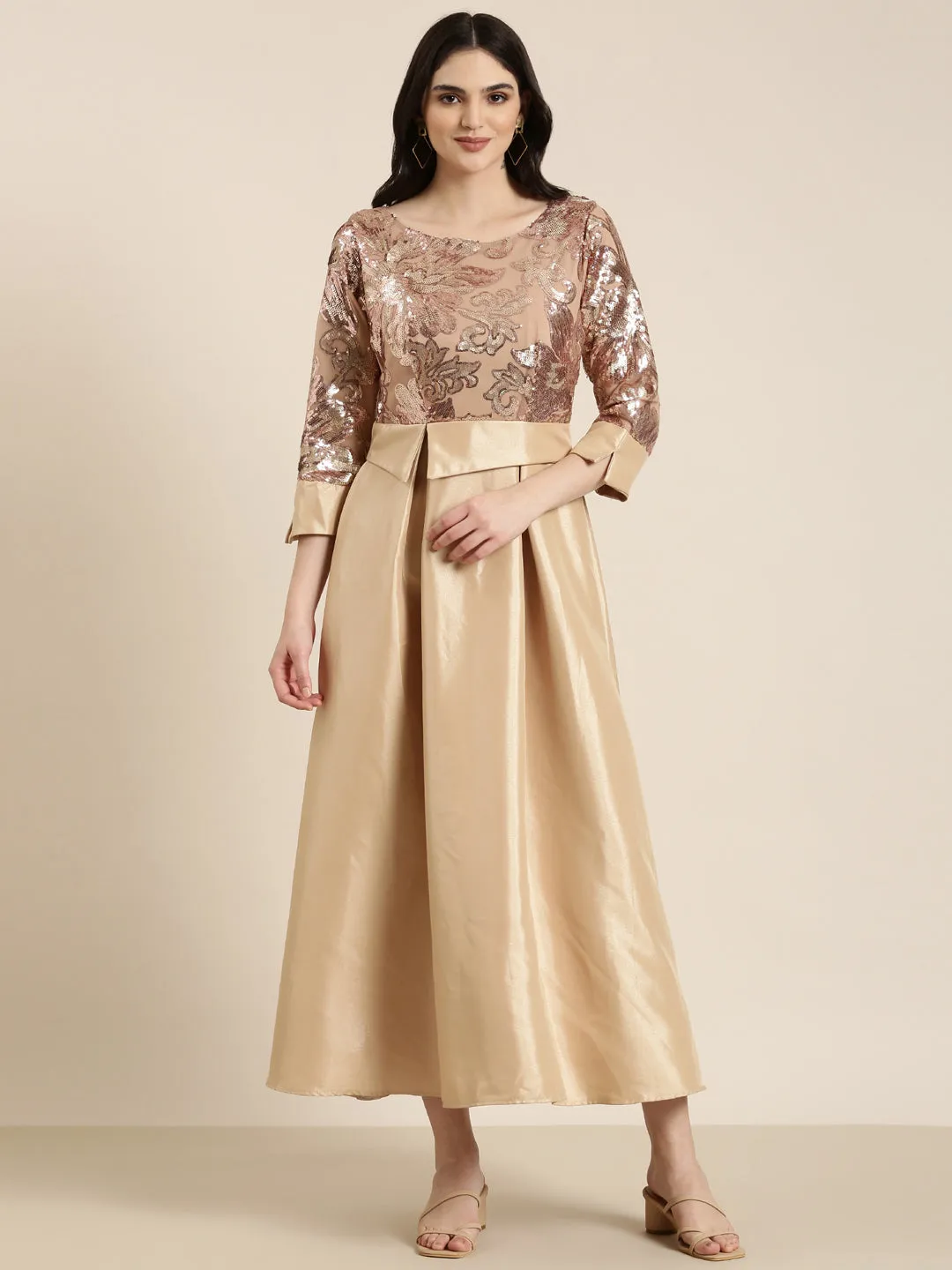 Women's Gold Embellished Fit & Flare Dress Casual Edge