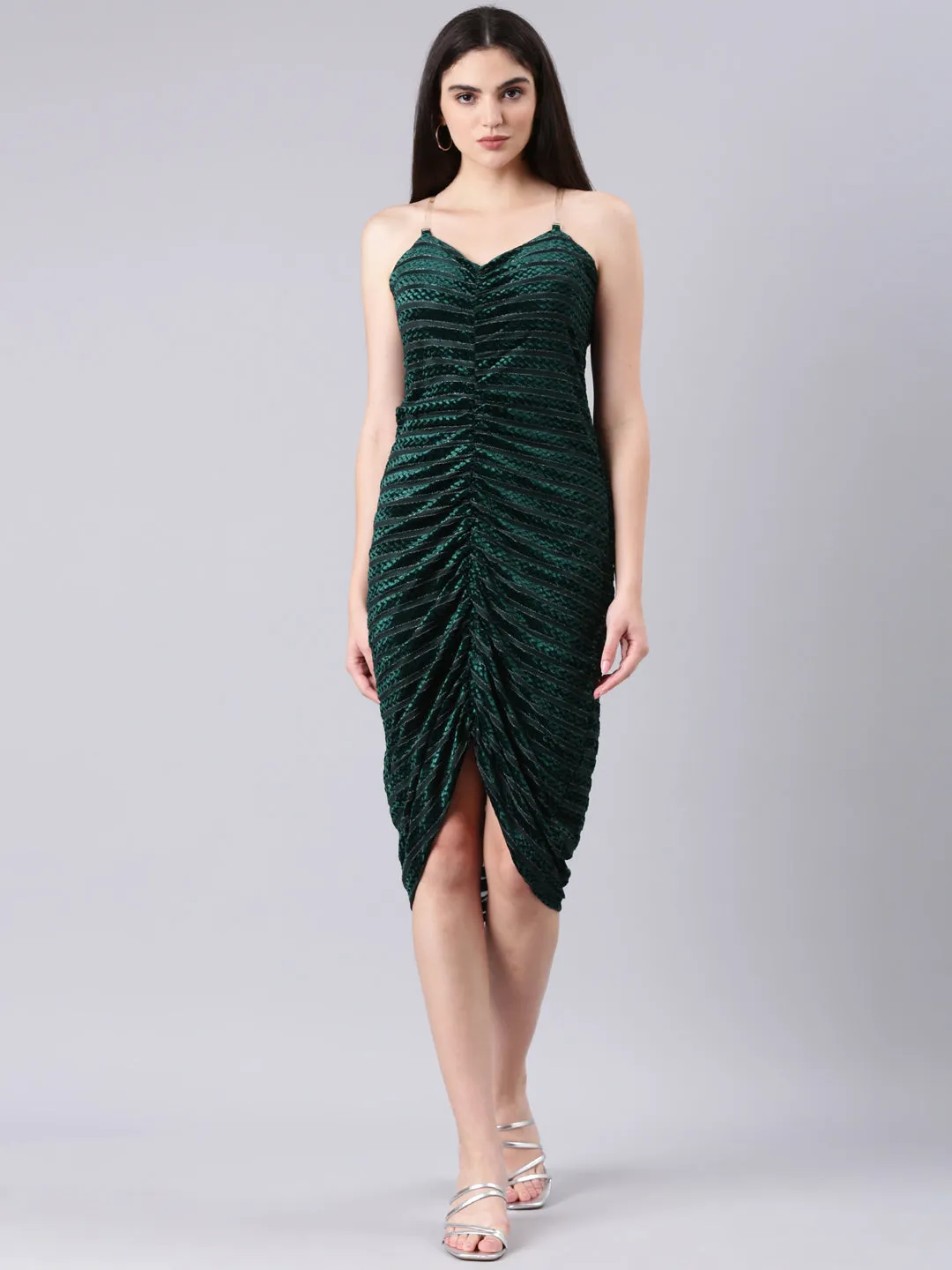Women's Green Shoulder Strap Ruched Velvet Sheath Dress Calm Fit