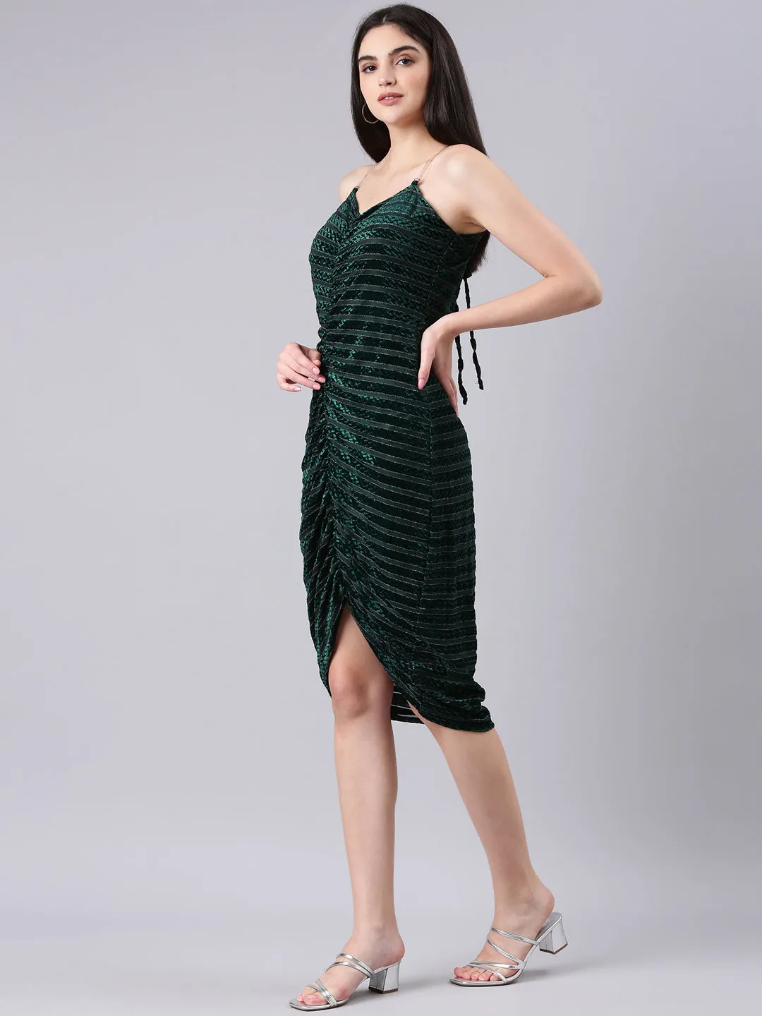 Comfortable Silhouette Beaded-Edge Women's Green Shoulder Strap Ruched Velvet Sheath Dress
