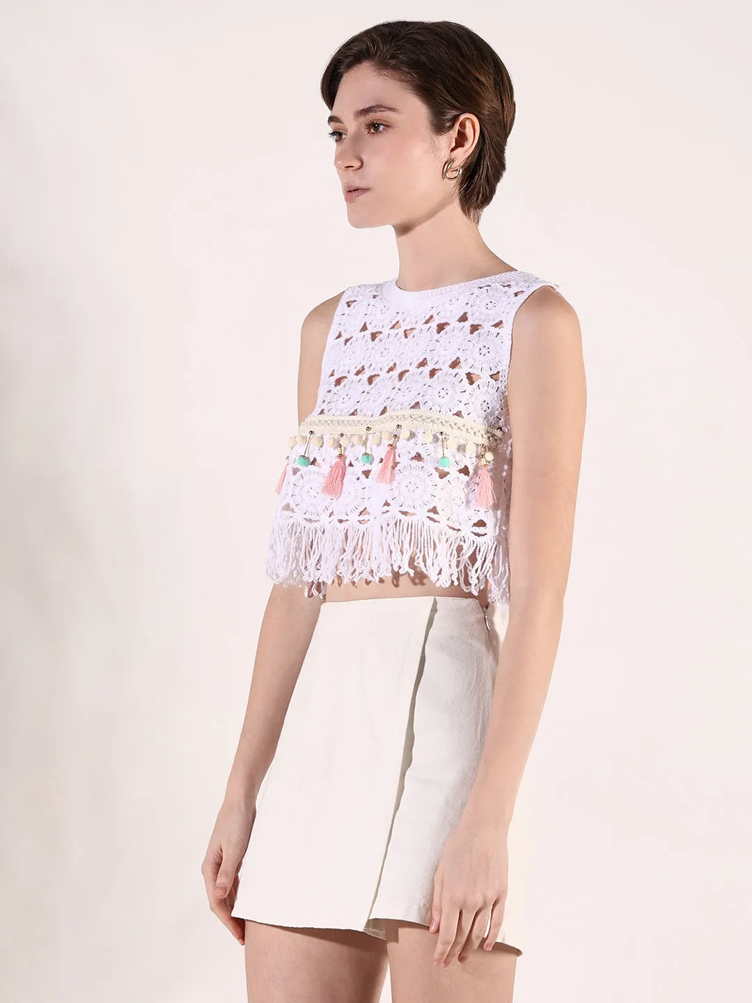 Comfortable Layer Women's White Self Design Crochet Crop Top