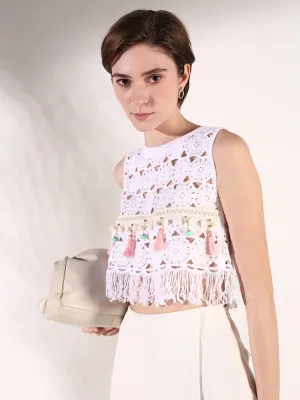 Subtle Details Effortless Design Women's White Self Design Crochet Crop Top