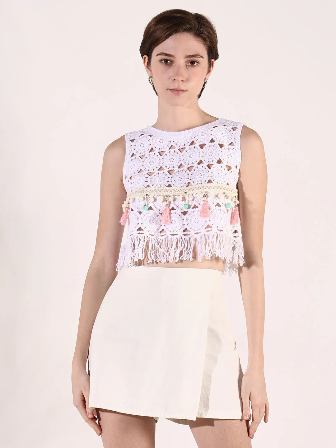 Abrasion Resistant Fabric Women's White Self Design Crochet Crop Top