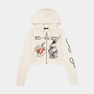 Dagger Heart Cropped Full Zip Womens Hoodie (Beige/Black) fringe accents Pullover