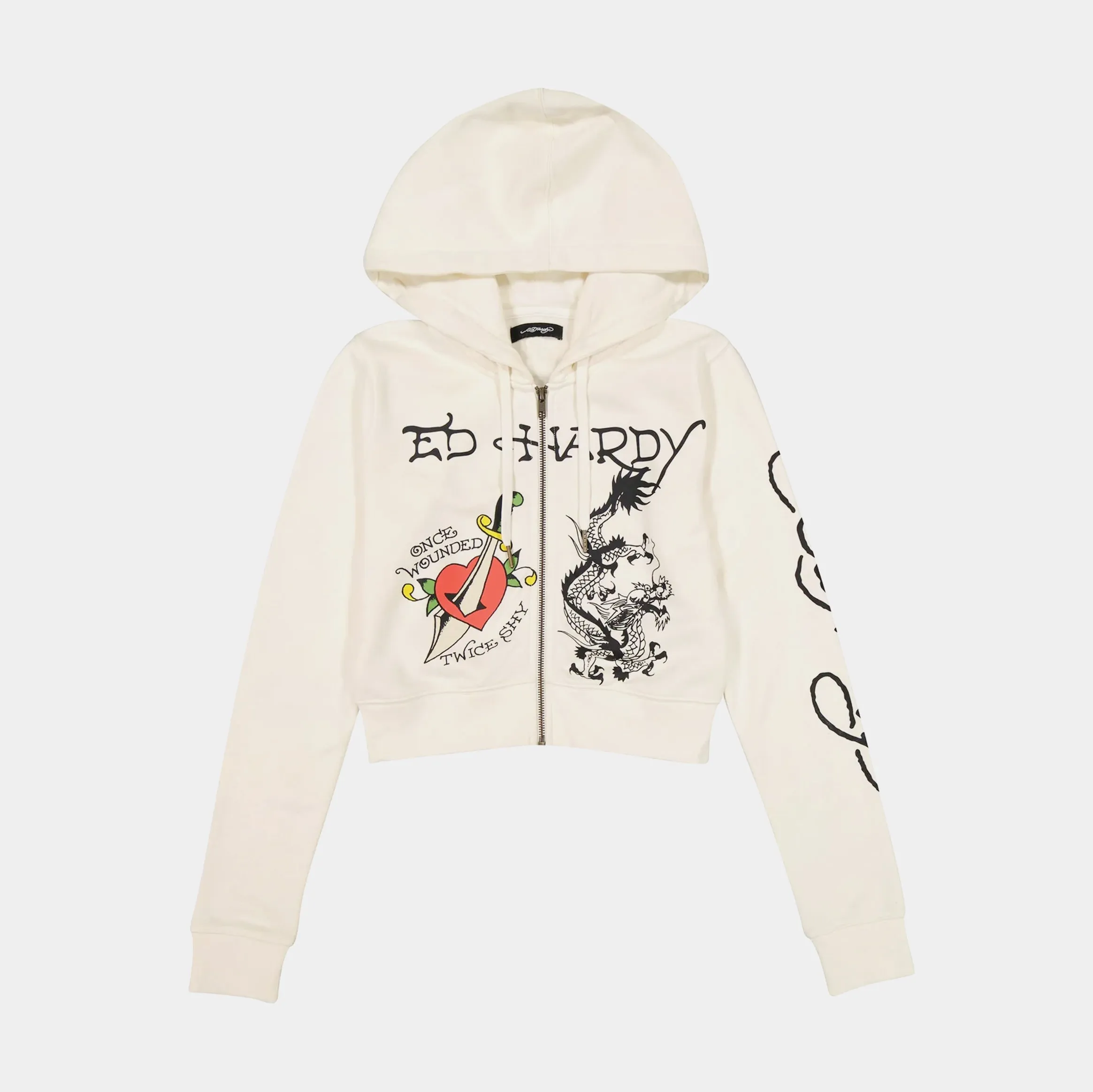 Dagger Heart Cropped Full Zip Womens Hoodie (Beige/Black) Half sleeve