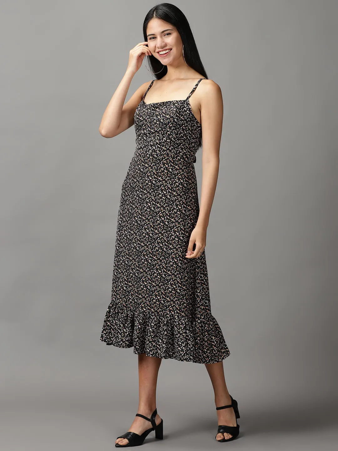 Women's Black Floral Fit & Flare Dress Jewel Accent