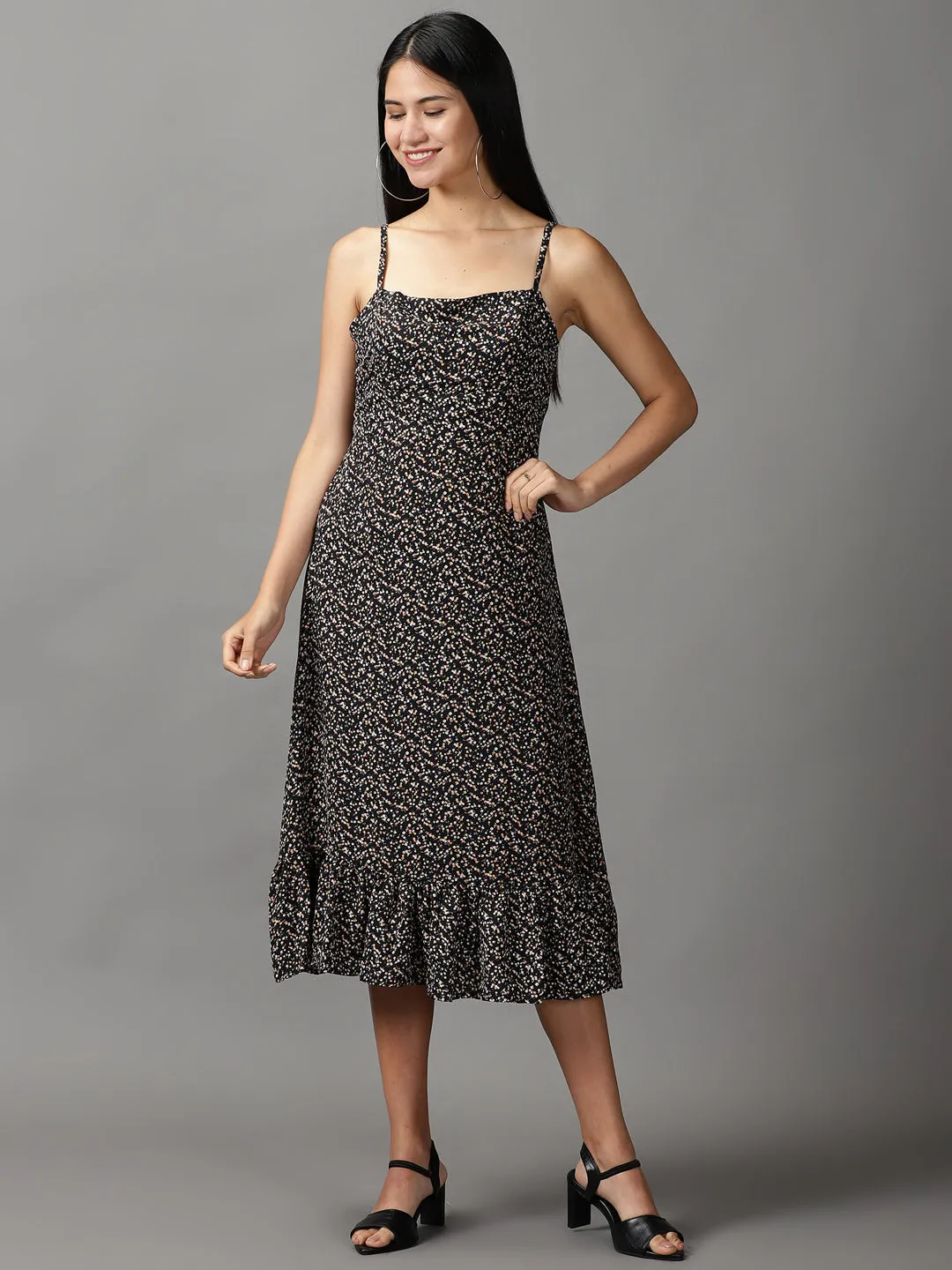 Women's Black Floral Fit & Flare Dress Stylish Touch Vacation Outfit