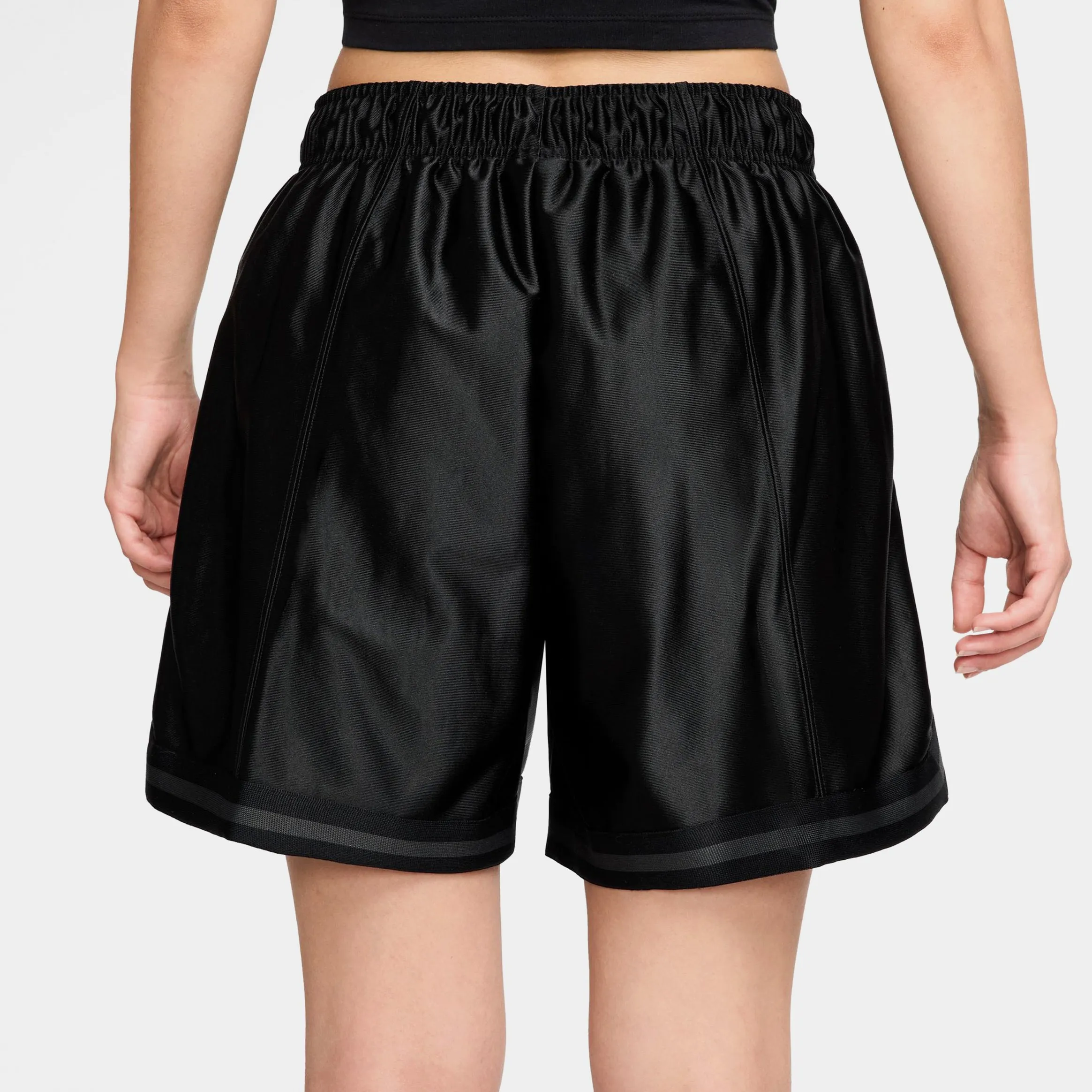 Chafe Resistant Seams Loose 6" Mid Rise Satin Womens Shorts (Black/Anthracite/Anthracite)