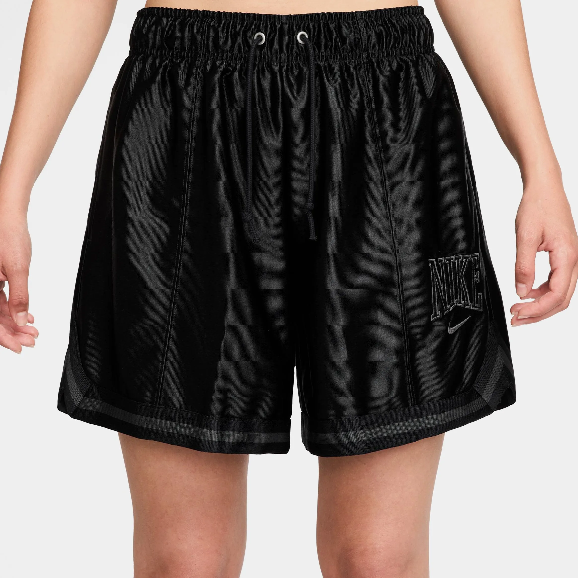 Loose 6" Mid Rise Satin Womens Shorts (Black/Anthracite/Anthracite) Geometric Pattern Breathable Waist