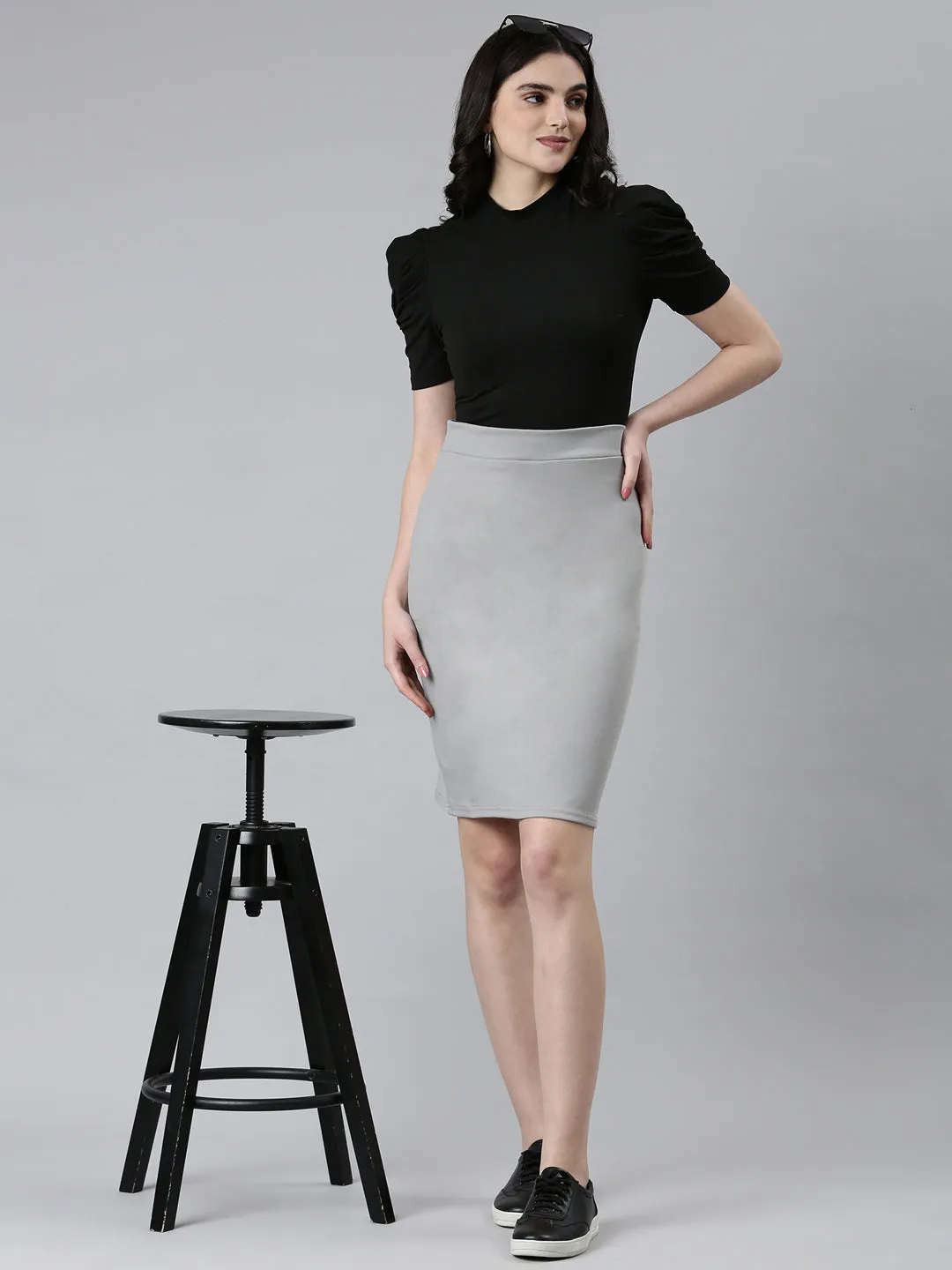 Women's Grey Knee Length Pencil Skirt High Rise Lightweight Material