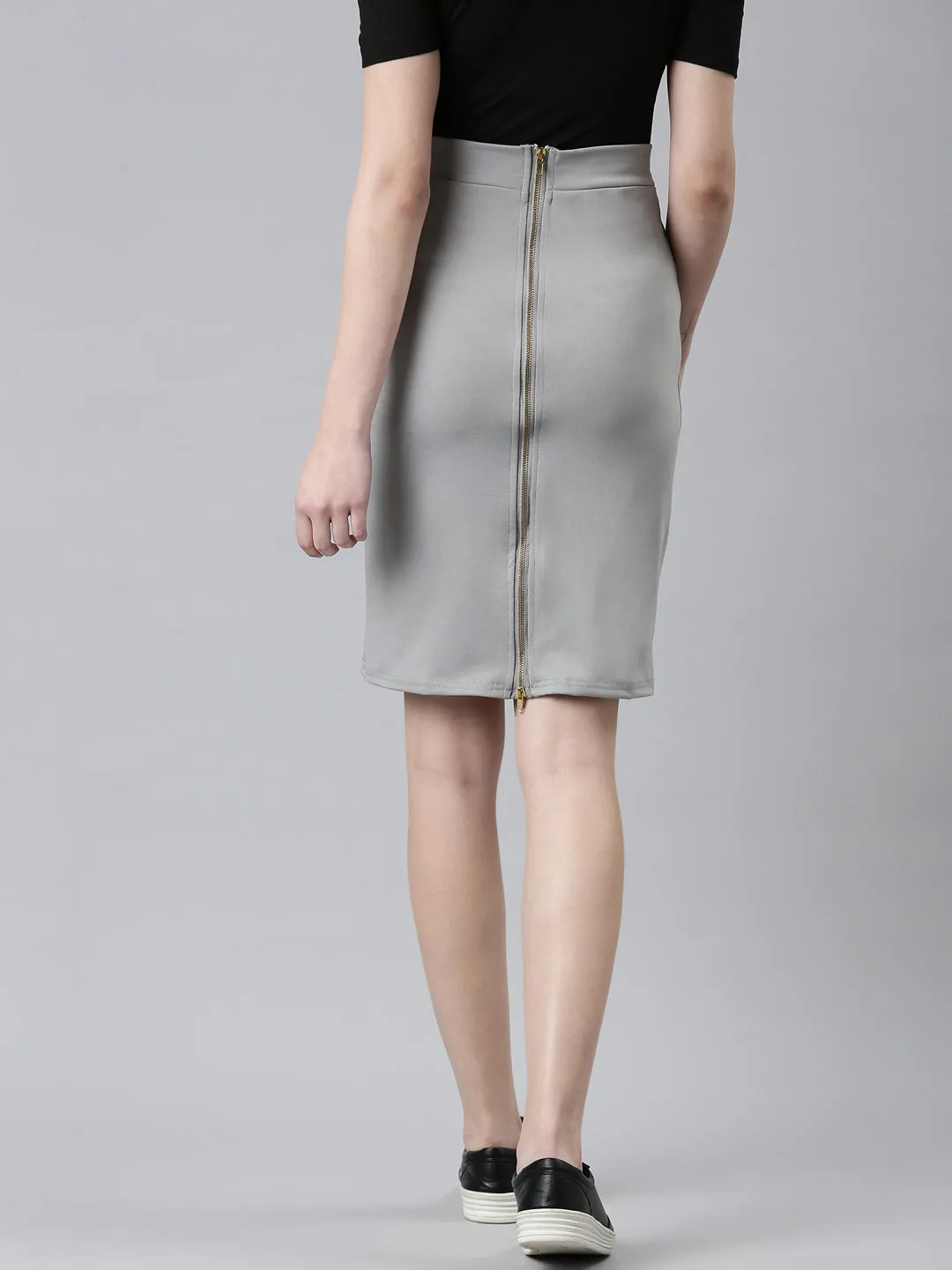 Women's Grey Knee Length Pencil Skirt Flexible Material