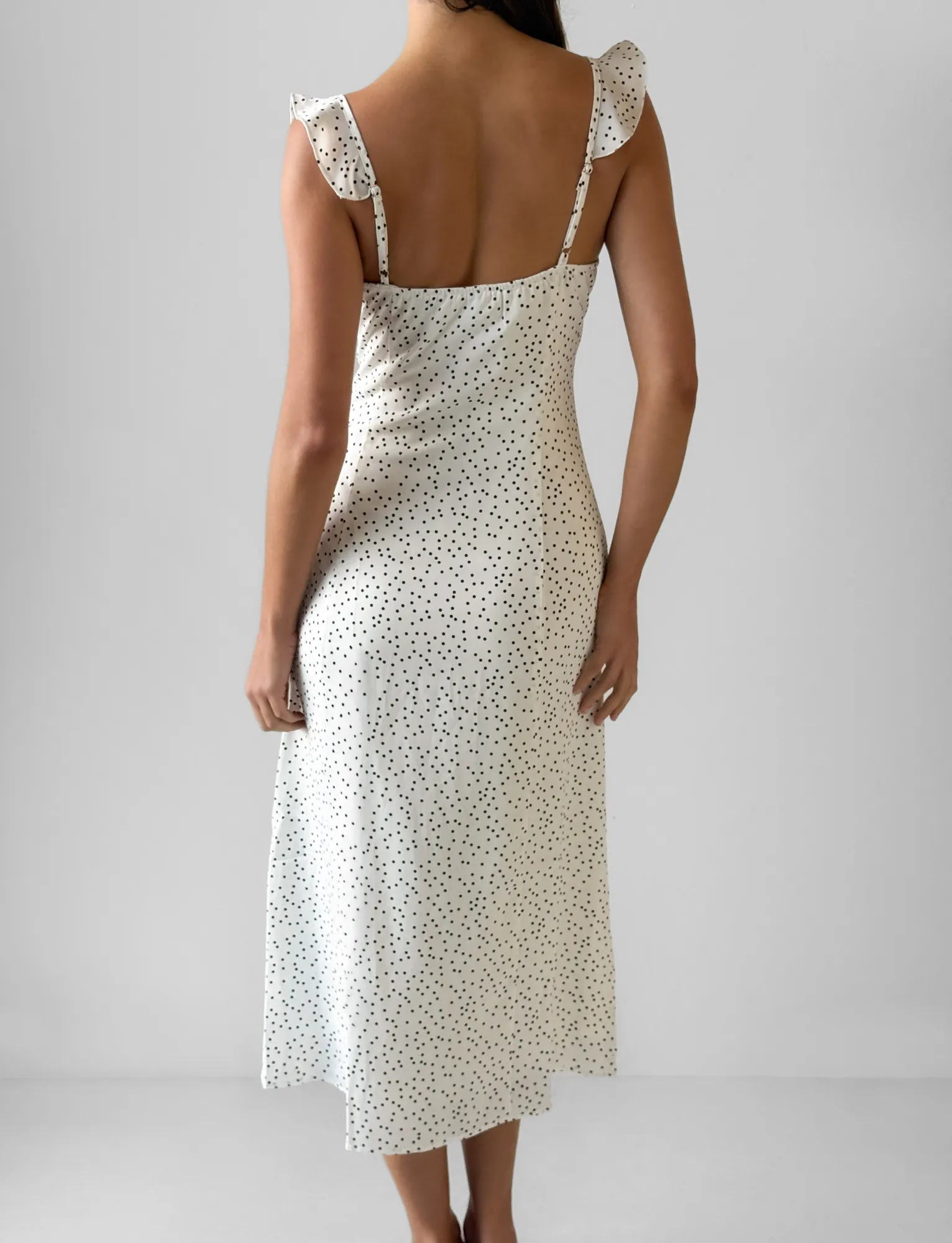LOTTIE RUFFLE MIDI DRESS - WHITE POLKA Romantic Soft