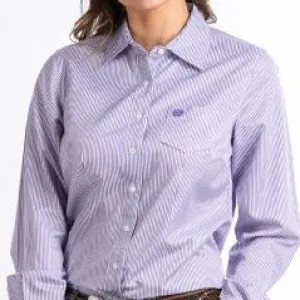 Sweat Absorbent Cinch Women's L/S Tencel Purple & White Striped Western Button Down Shirt