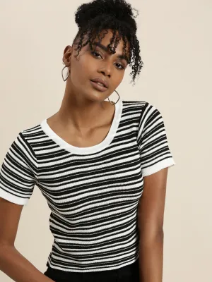 Ribbed collar Women's Round Neck Striped Regular Sleeves Fitted White Crop Top