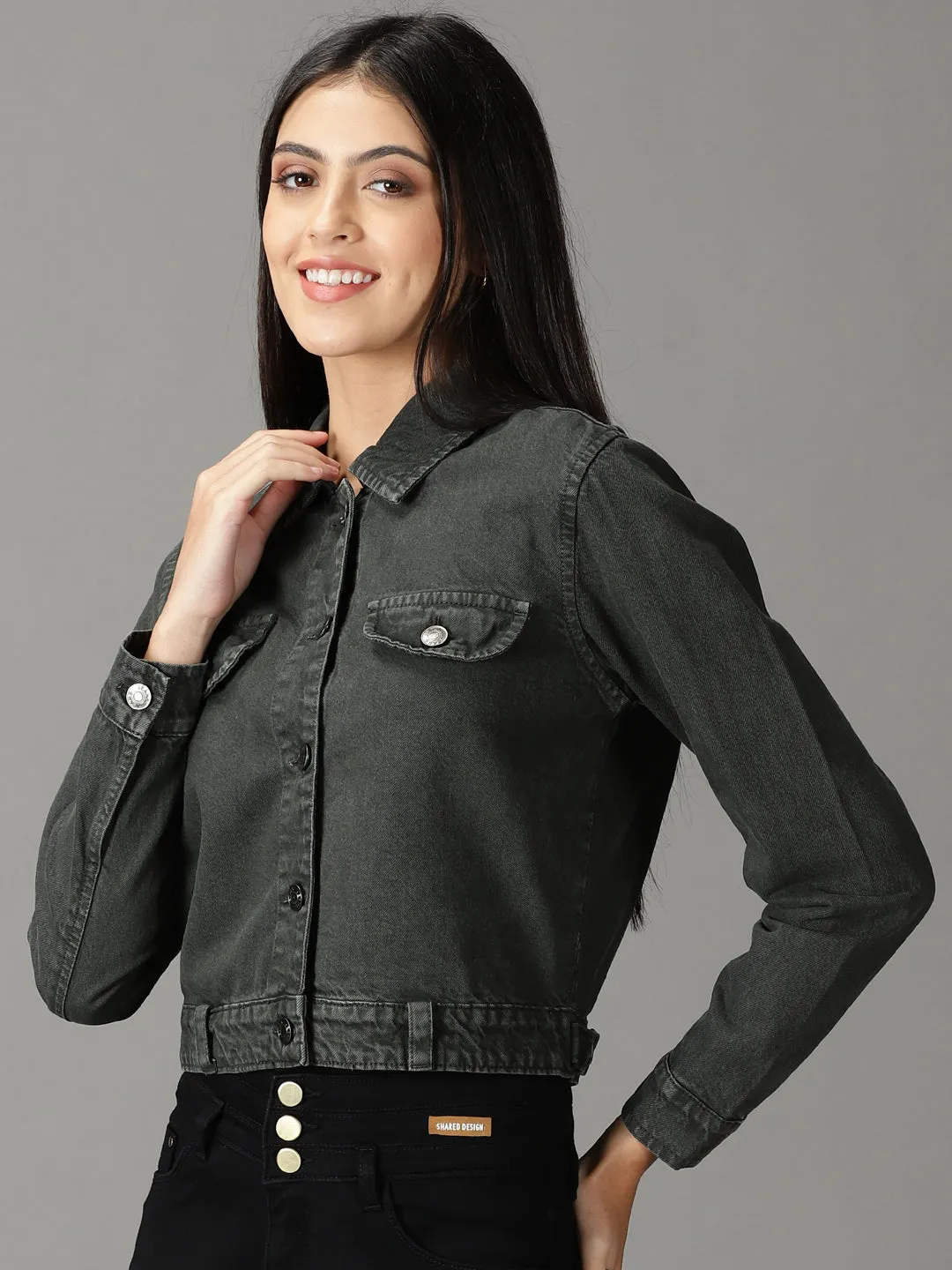 AntiStaticFinish Stain Resistant Women's Grey Solid Open Front Jacket