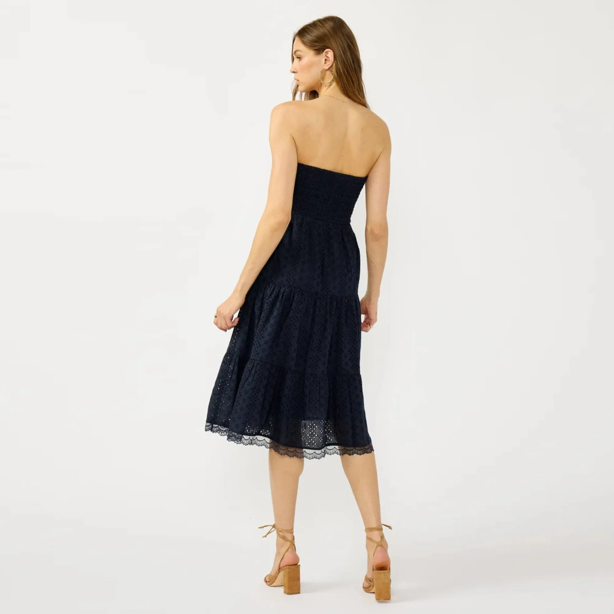 Mabel Eyelet Midi Dress (Navy) All Gender Flowing Fit