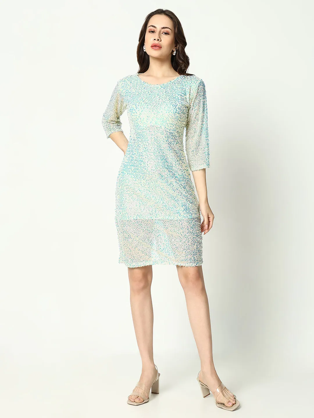 Women's Sea Green Embellished Sequinned Net Sheath Dress Tiered-Skirt