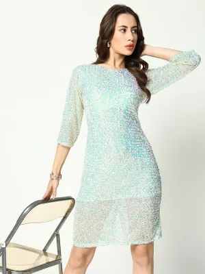 Women's Sea Green Embellished Sequinned Net Sheath Dress Flow Sleeve
