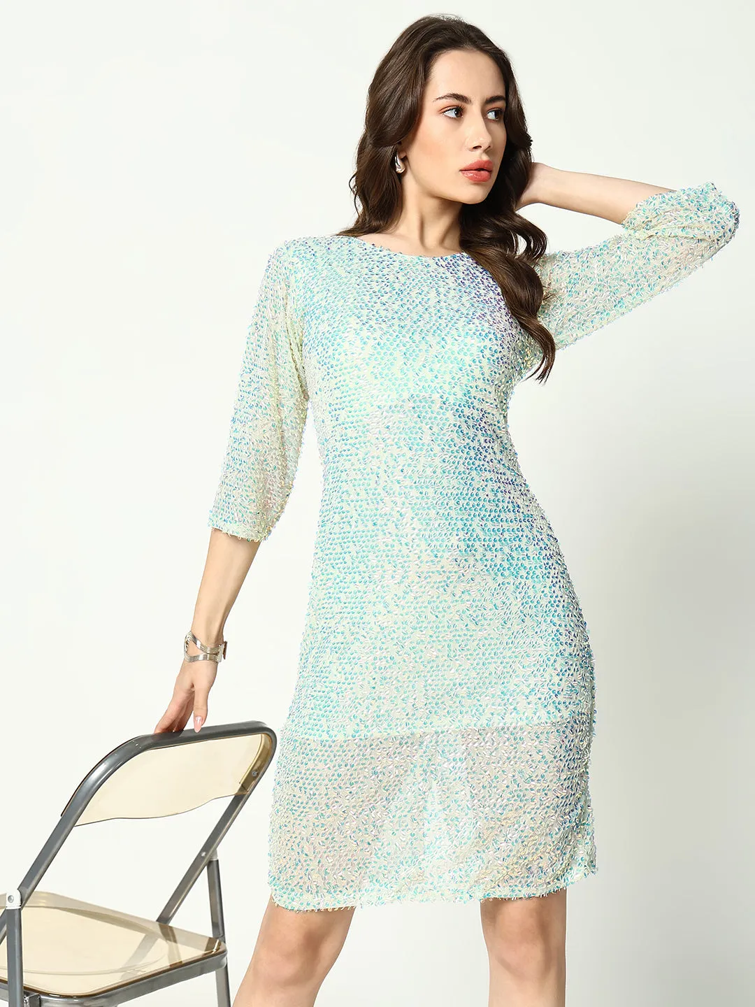 Women's Sea Green Embellished Sequinned Net Sheath Dress Flow Sleeve