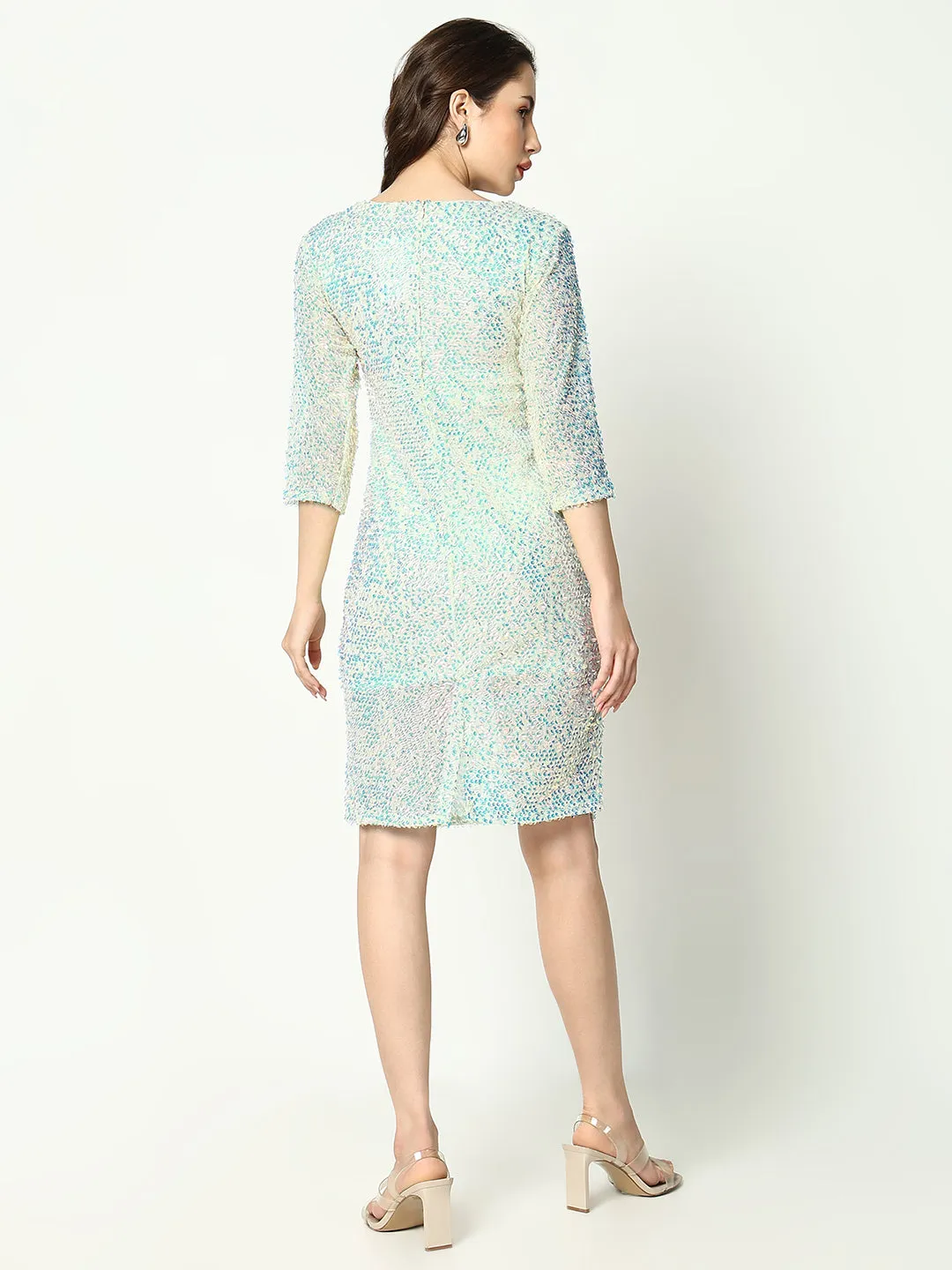bold appearance Office Fit Women's Sea Green Embellished Sequinned Net Sheath Dress