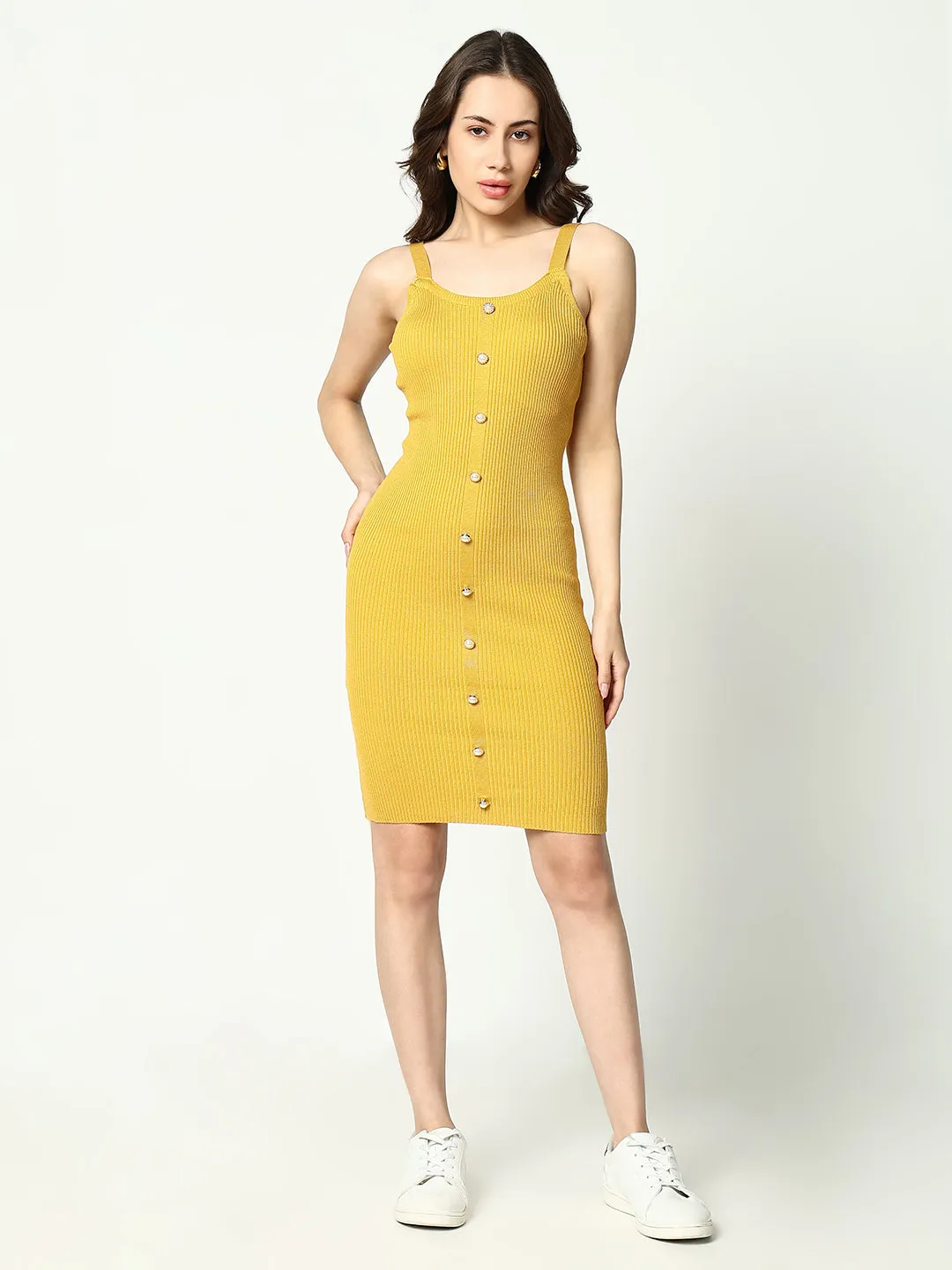 Women's Yellow Shoulder Strap Bodycon Dress Shiny Zip