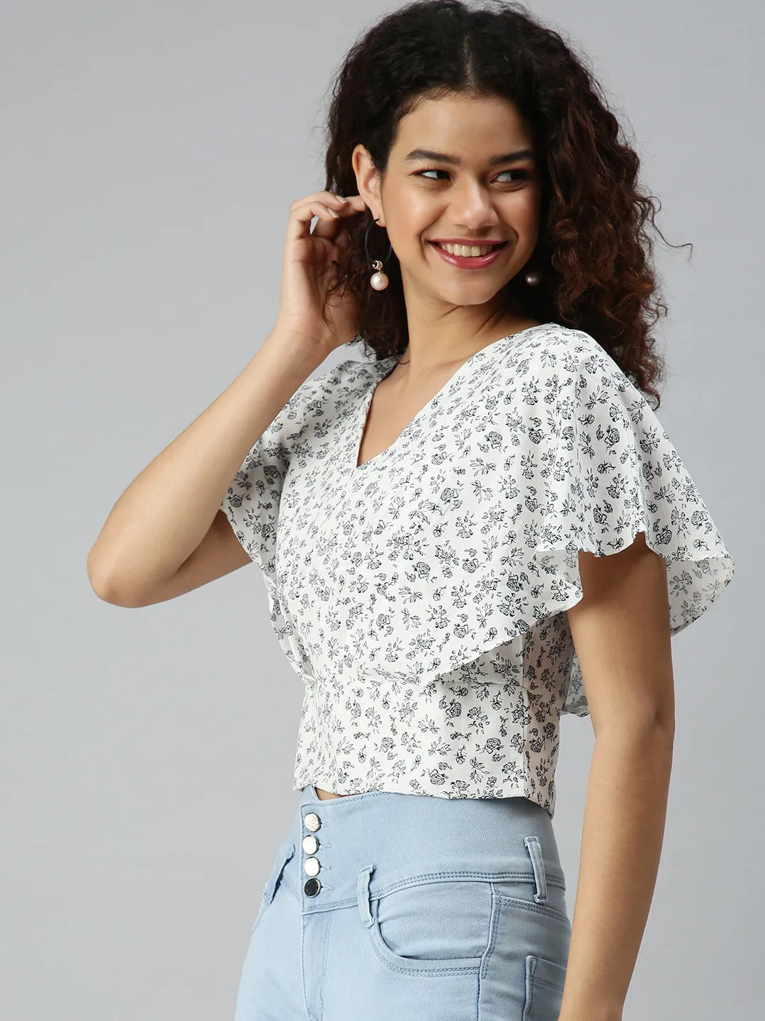 dry cleanable Seasonal Smart Women's White Floral Print Crepe Bardot Top