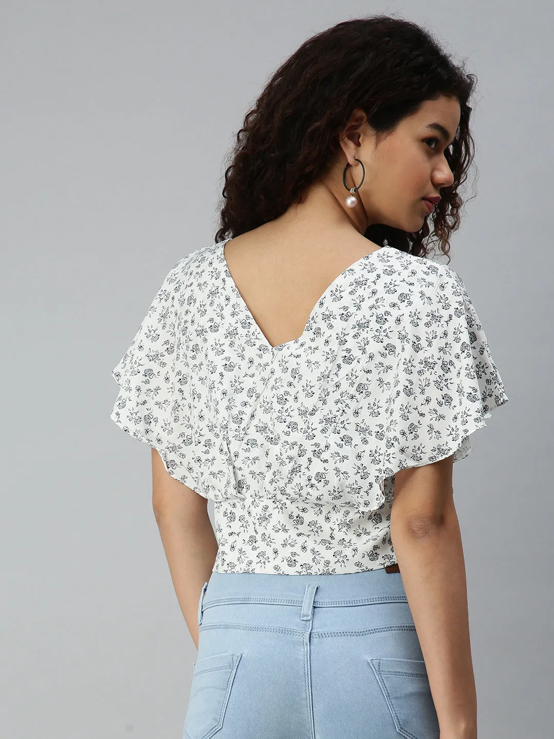 Anti Pill Surface Women's White Floral Print Crepe Bardot Top