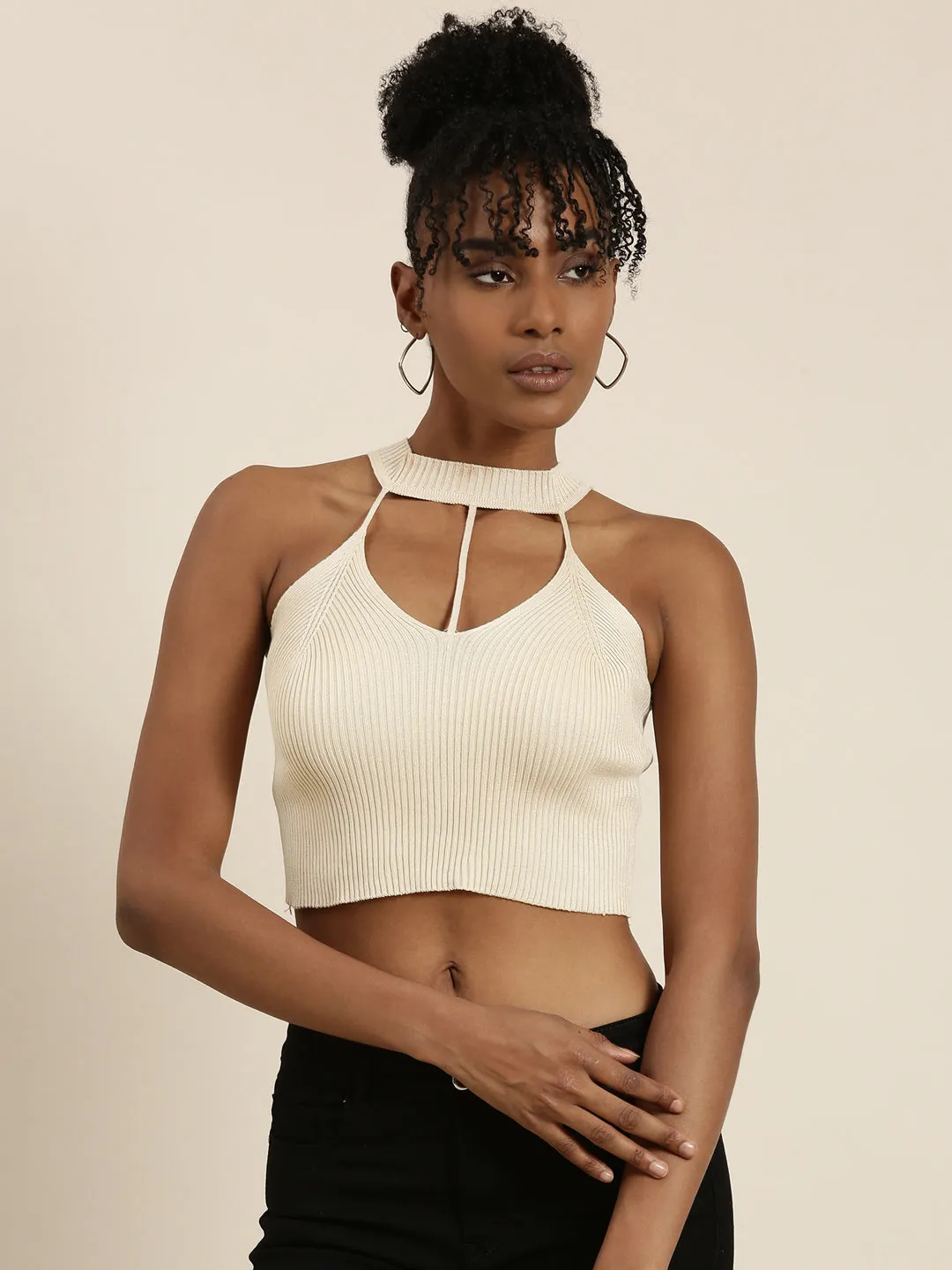 Perfect for Layering Chic Vibes Women's Beige Halter Neck Cut Outs Cotton Fitted Crop Top