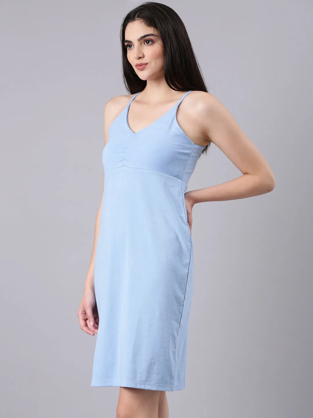 Women's Blue Shoulder Straps Cotton Bodycon Dress Versatile sundress