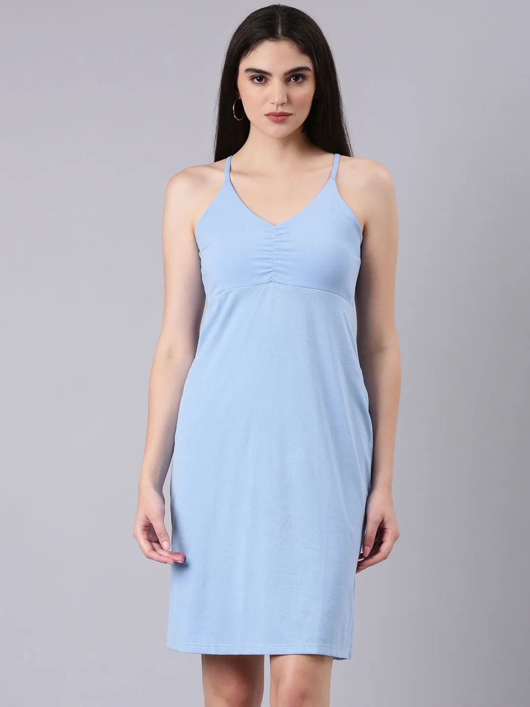 Women's Blue Shoulder Straps Cotton Bodycon Dress Bright Bloom