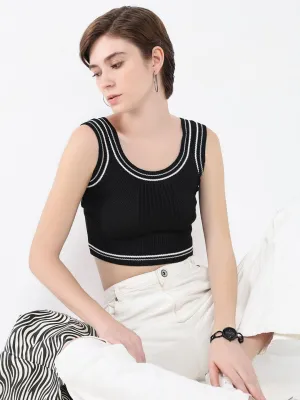 Casual All-Day Stretch Comfort Women's Black Self Design Scoop Neck Acrylic Top
