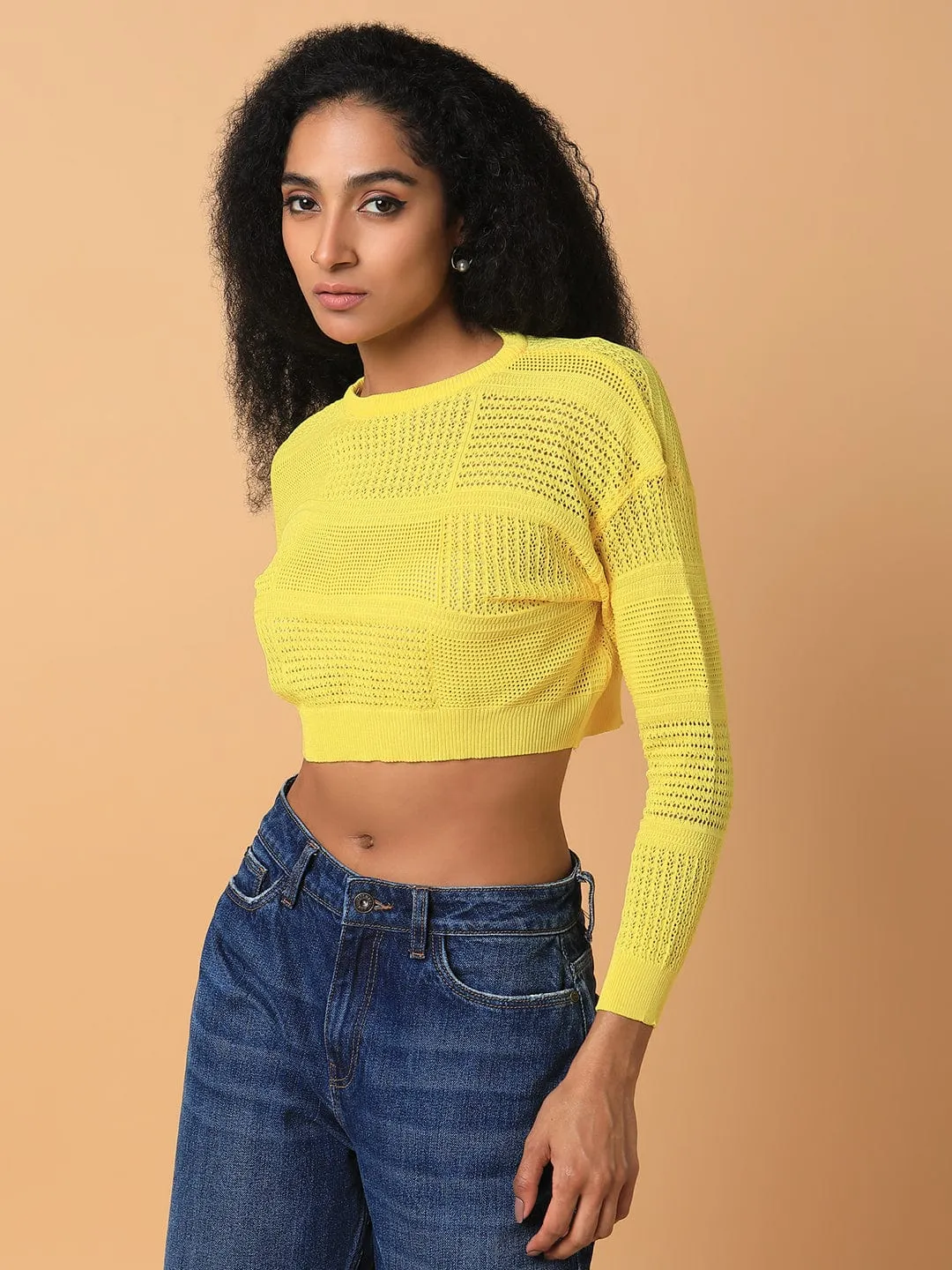 Breathable mesh panel Women's Yellow Self Design Crochet Round Neck Acrylic Top