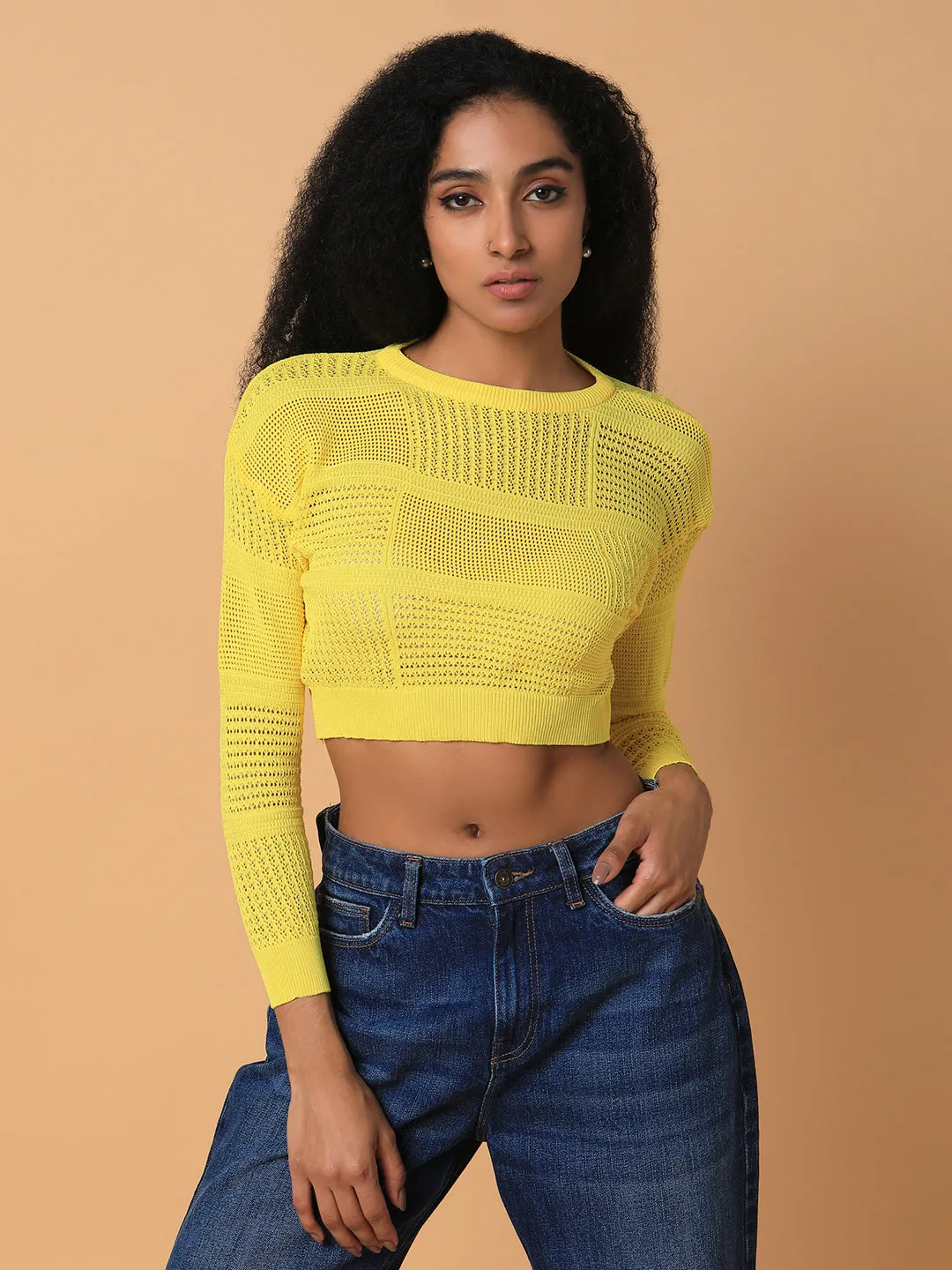 Effortless Vibe Women's Yellow Self Design Crochet Round Neck Acrylic Top